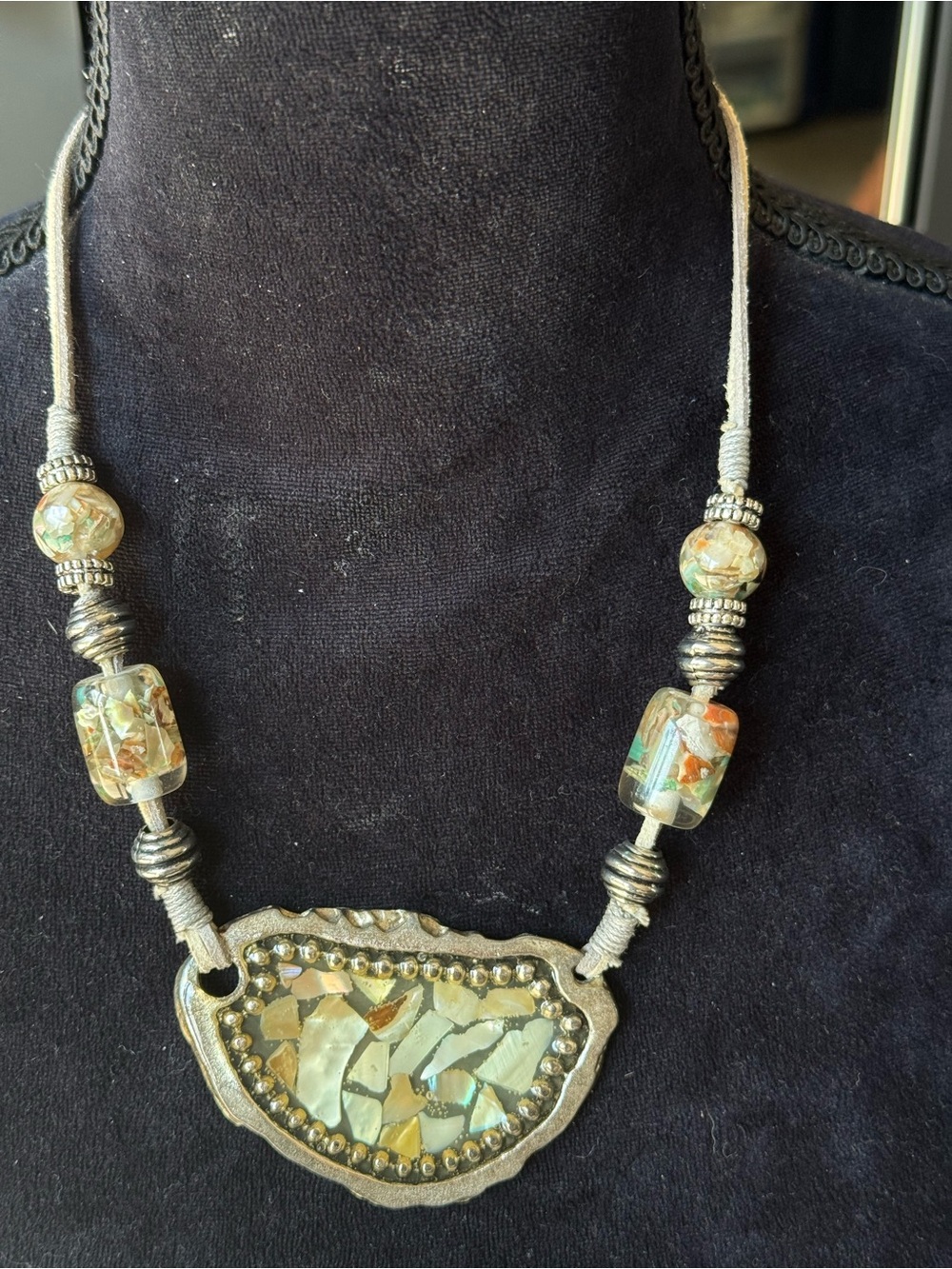 Handcrafted Glass Pendant Statement Necklace, Mother of Pearl pieces. Vintage